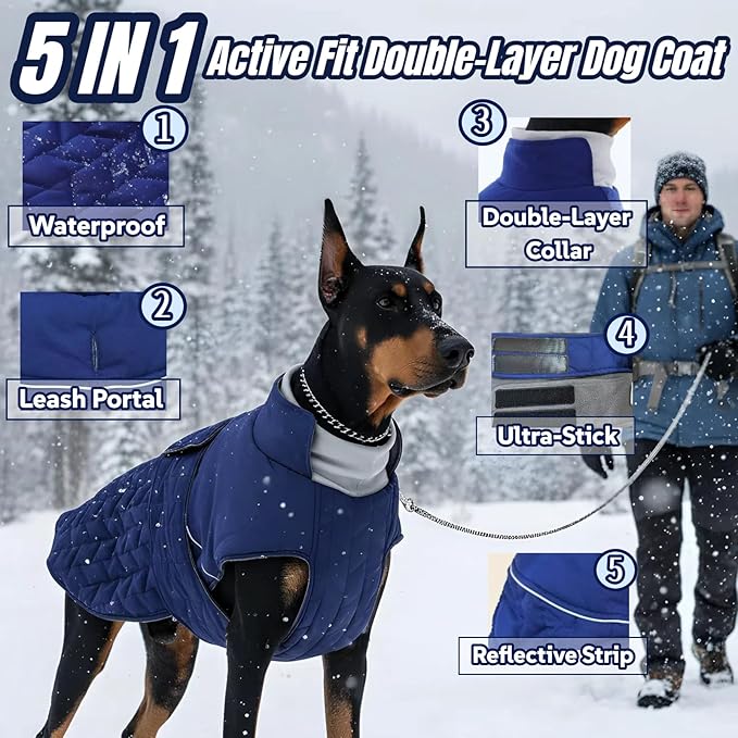 Upgraded Classic Quilted Active Fit Dog Winter Coat, Waterproof & Lightweight Coats for Medium Dogs, Easy On & Off Pet Jacket Adjustable, 2-Layer Warmth Thick Fabric Pet Clothes for Bulldog(Blue, M)
