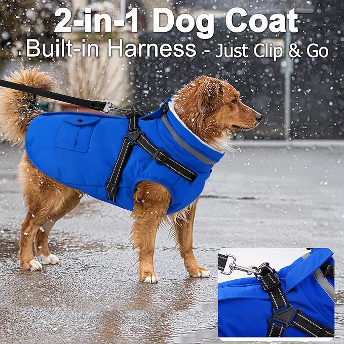 Dogcheer Dog Coat with Harness, Waterproof Warm Dog Winter Jacket with Pockets, Reflective Pet Fleece Jacket Turtleneck Snowsuit for Small Medium Large Dogs - Blue, L