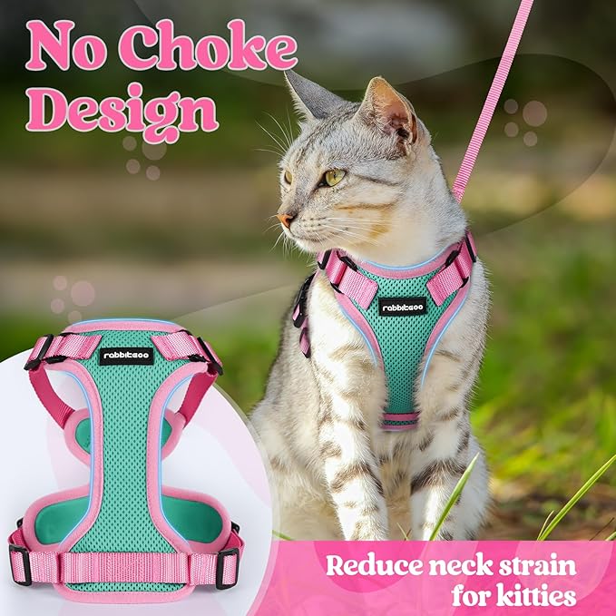 rabbitgoo Cat Harness and Leash Set, Escape Proof Soft Adjustable Vest Harnesses for Outdoor Walking, Easy Control Breathable Kitten Jacket with Reflective Strips, Green & Pink, XXS