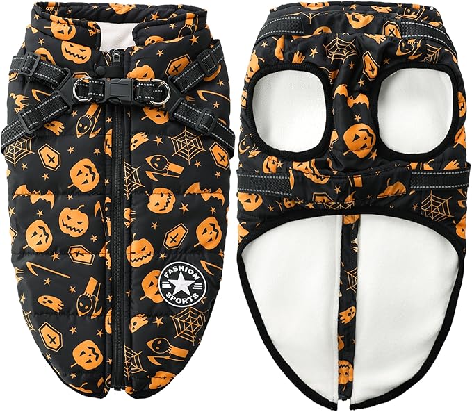 Aiboria Winter Dog Coat Windproof Fleece Jacket with Chest Strap Dog Vest Harness Halloween Black M
