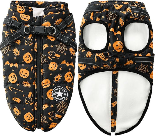 Aiboria Winter Dog Coat Windproof Fleece Jacket with Chest Strap Dog Vest Harness Halloween Black XXL