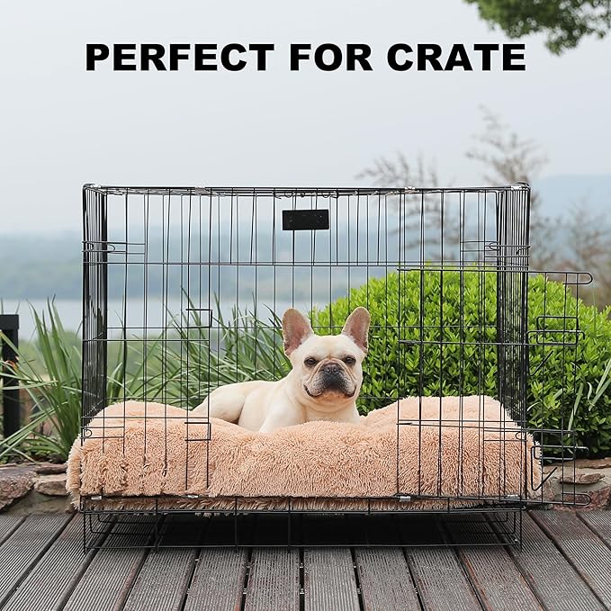 Bedfolks Plush Waterproof Dog Crate Bed, Removable Washable Cover, Faux Fur Pad for Medium Dogs, 29"x21", Camel