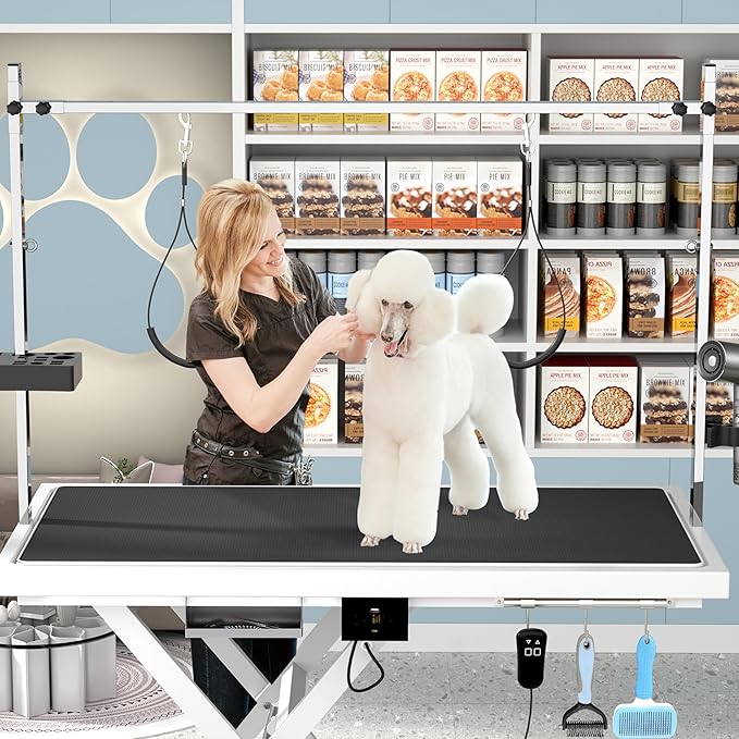 Electric Lift Dog Grooming Table, Upgrade 50 Inch Heavy Duty Professional Pet Grooming Table with Tool Organizer for Large Dogs at Home with Adjustable Overhead Arms and 2 Grooming Noose, White