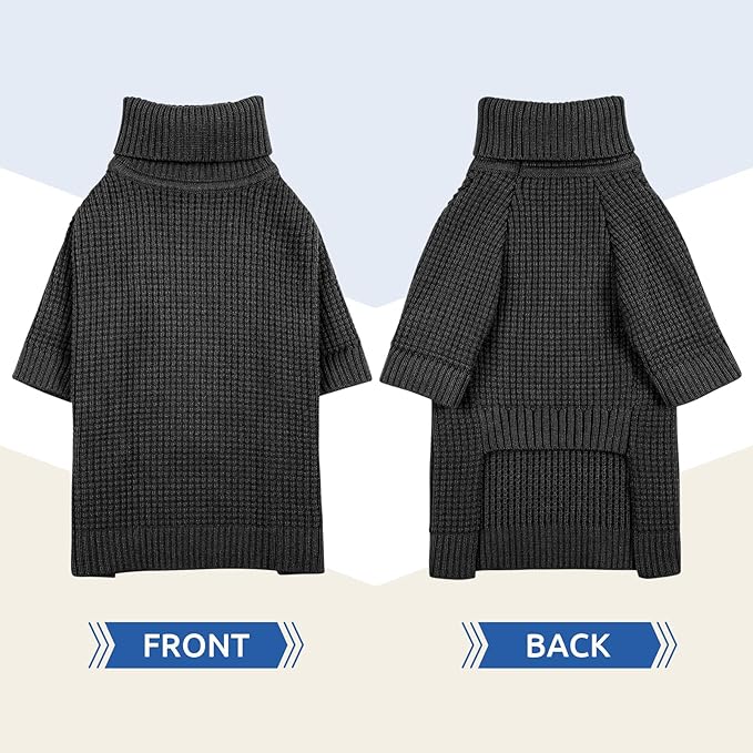 Queenmore Turtleneck Long Sleeve Knitted Sweater with Check Pattern, Fall Winter Warm Sweaters for Small Medium Large Dogs and Cats, Solid Pull-on Pet Sweater, Charcoal Gray M
