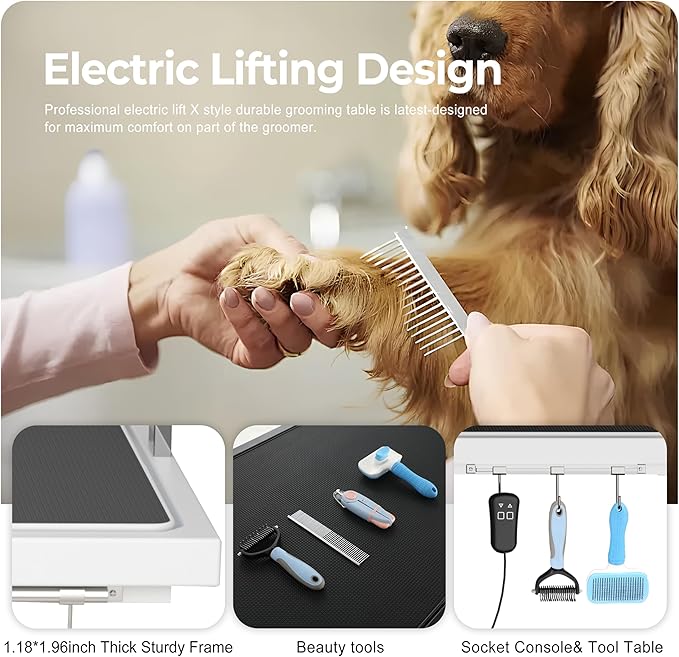 Electric Lift Dog Grooming Table, Upgrade 50 Inch Heavy Duty Professional Pet Grooming Table with Tool Organizer for Large Dogs at Home with Adjustable Overhead Arms and 2 Grooming Noose, White