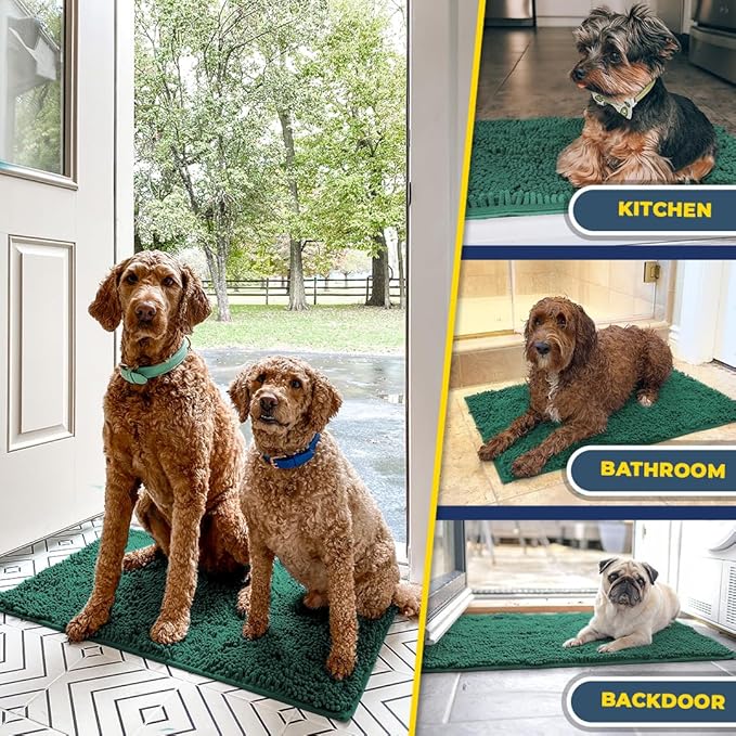 Muddy Mat® AS-SEEN-ON-TV Highly Absorbent Microfiber Dog Door Mat and Pet Rug, Non Slip Thick Washable Area and Bath Mat Soft Chenille for Kitchen Bathroom Bedroom and Indoor-Dark Green Runner 24"X60"
