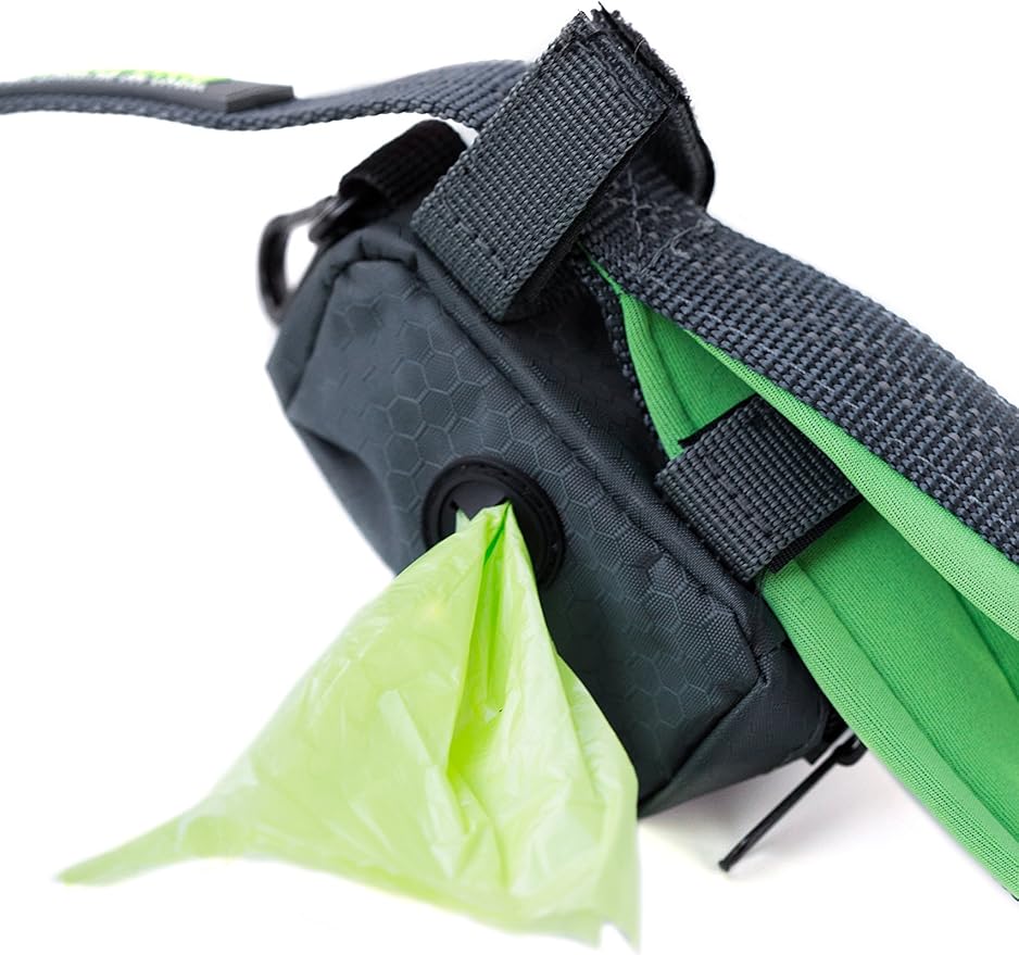 Mighty Paw Dog Poop Bag Holder - Zippered Pouch with Carabiner Hook - Includes Roll of Pick-up Bags - Pet Poop Holder and Dispenser - Pet Walking Supplies - (Grey/Green)