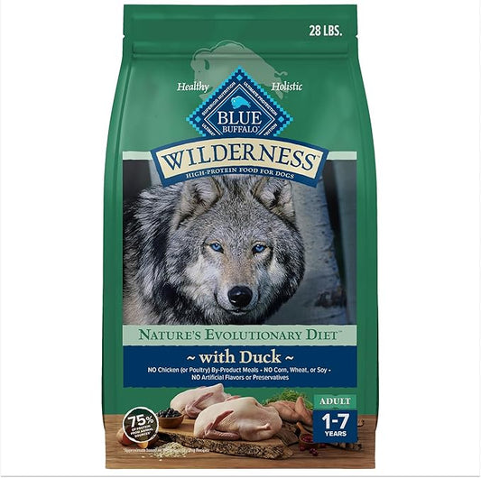 Blue Buffalo Wilderness Natural High-Protein Dry Food for Adult Dogs, WITH WHOLESOME GRAINS, Duck, 28-lb Bag.