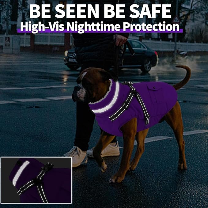 Dogcheer Dog Coat with Harness, Waterproof Warm Dog Winter Jacket with Pockets, Reflective Pet Fleece Jacket Turtleneck Snowsuit for Small Medium Large Dogs - Purple, M