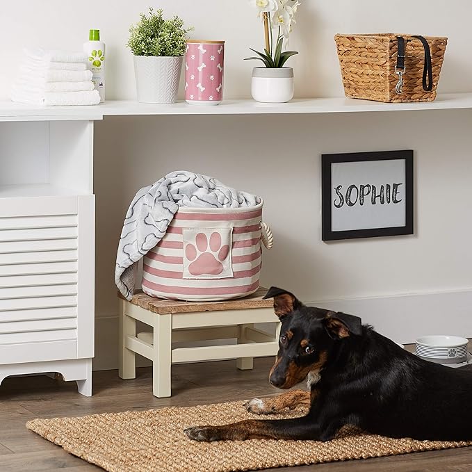 Bone Dry Pet Storage Collection Striped Paw Patch Bin, Rose, Small Round