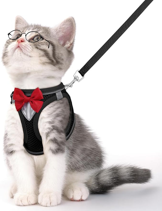 Cat Vest Harness and Leash Set for Walking Escape Proof, Adjustable Kitten Harness Breathable Mesh with Reflective Strips Harness for Kitty Puppy Bunny (Black,S)