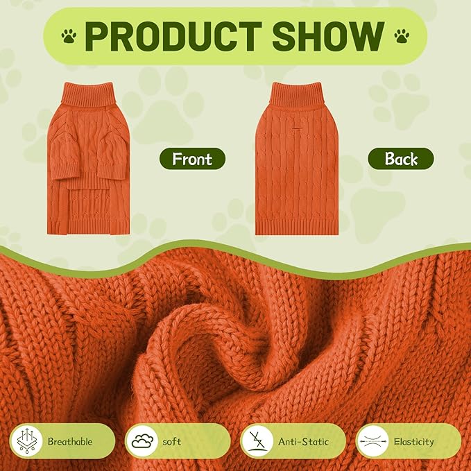 Small Dog Thermal Pullover Sweater, Classic Turtleneck Cable Knitwear Dog Clothes for Cold Weather Warm Pet Clothes for Chihuahua, Bulldog, Dachshund, Pug Orange Medium
