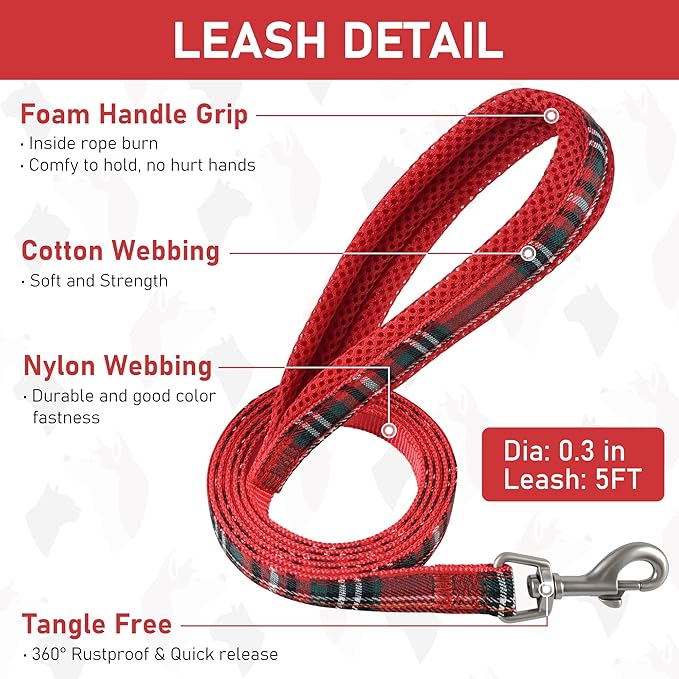 GAMUDA Small Dog Harness Collar and Leash Set, Step in No Chock No Pull Soft Mesh Adjustable Dog Vest Harnesses Plaid Reflective for Dogs Puppy Cats Kitten Rabbit (Red, XL)
