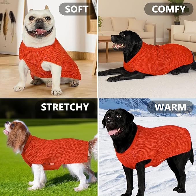 KYEESE Dog Sweater for Large Dogs with Leash Hole Warm Pullover with Reflective Yarn Male Thick Stretchy Knitwear Winter Soft Pet Coat boy for Cold Weather Comfy Dog Sweaters,Orange,XXX-Large