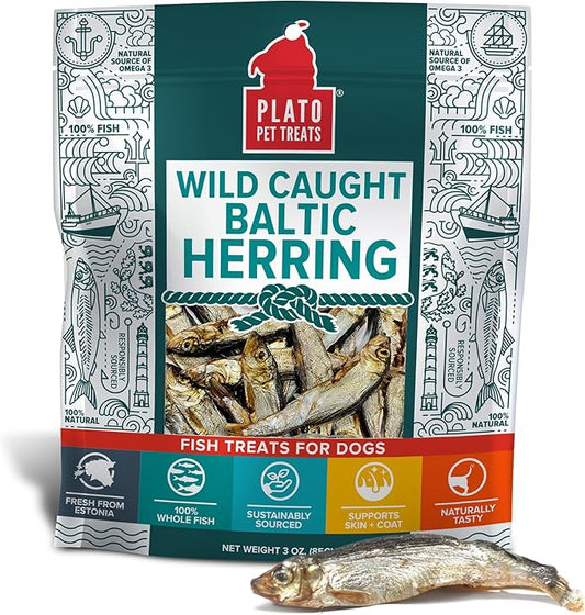 PLATO Pet Treats Fish Dog Treats - Air-Dried, Single Ingredient Dog Treat - with Omega 3 & 6 Fatty Acids to Support Skin and Coat - 100% Whole Fish - Wild Caught Baltic Herring Dog Treats - 3oz