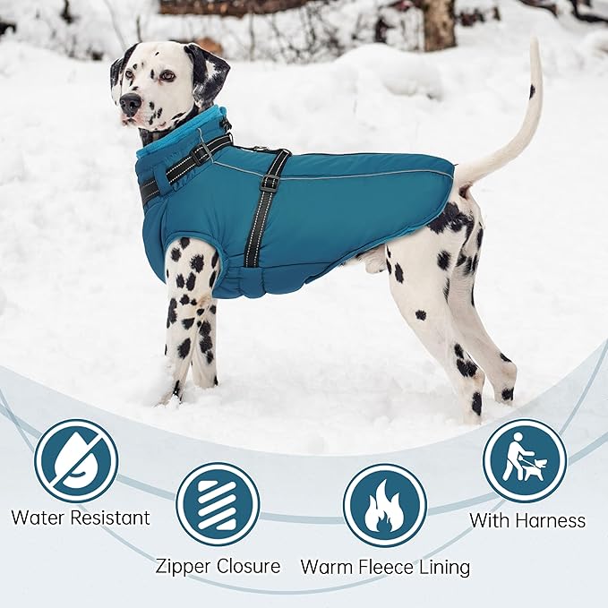 PUMYPOREITY Winter Fleece Coat for Small Dogs, Reflective Dog Jacket with Harness Built in, Waterproof Warm Coat for Dogs, Cold Weather Coats for Outdoor, Therma Windproof Pet Snowsuit, Blue, S