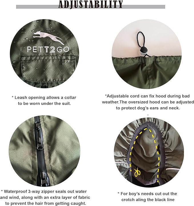 Dog Lightweight Windbreaker, Dog Outdoor 4-Legs Jacket, 0.5 lbs,Durable Water Repellent, Hooded, Easy on/Off with Collar and Harness, Reflective, Packable,Dark Olive (X-Large)