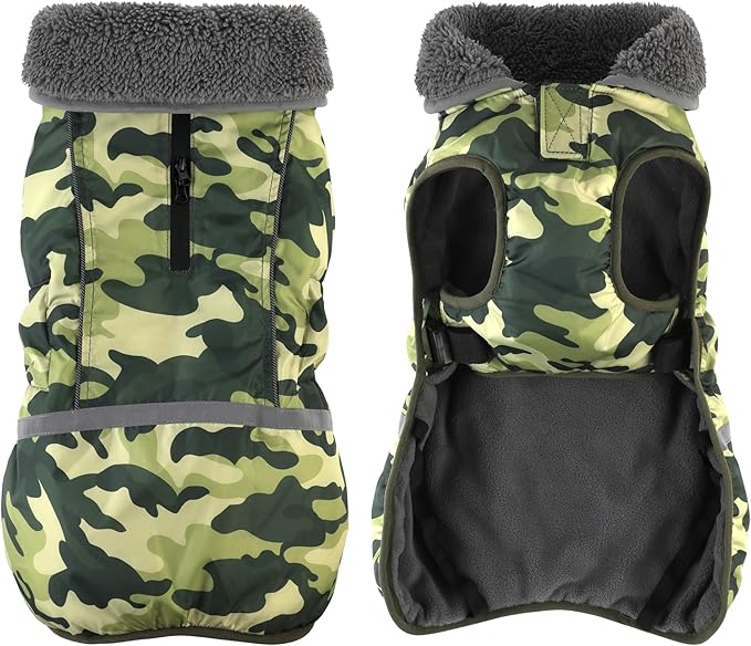 Dogcheer Warm Dog Coat, Waterproof Dog Jacket Reflective Adjustable Puppy Winter Coat with Buckle, Christmas Pet Snow Jacket Turtleneck Fleece Sweater for Small Medium Large Dogs- Camo Green, M