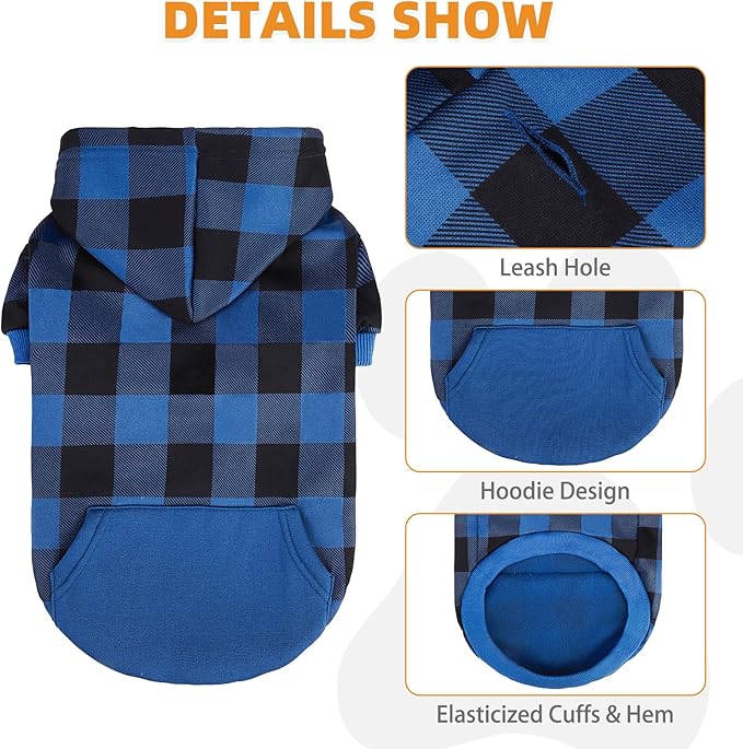 KOOLTAIL Plaid Dog Hoodie Pet Clothes Sweater with Hat and Pocket for Small Medium Large Size Dogs, Soft Winter Warm Dog Cold Weather Coat, Fleece Fall Dog Hooded Sweatshirt for Puppy Cats, Blue XXL