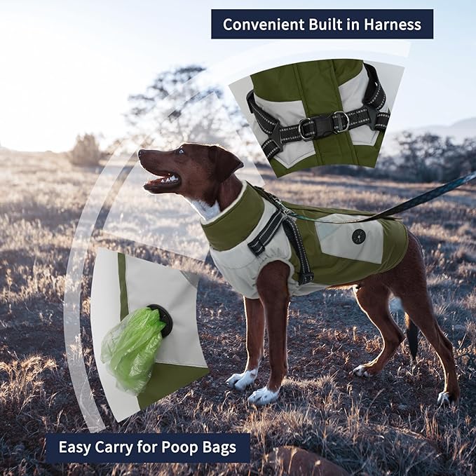 IECOii Warm Small Dog Coat Harness with D Ring -Green,Small- Zip Small Dog Jacket Winter Reflective, Fleece Lined Dog Snowsuit Snow Jacket,Pet Clothes for Small Dogs Yorkshire Terrier Bichon Shih Tzu