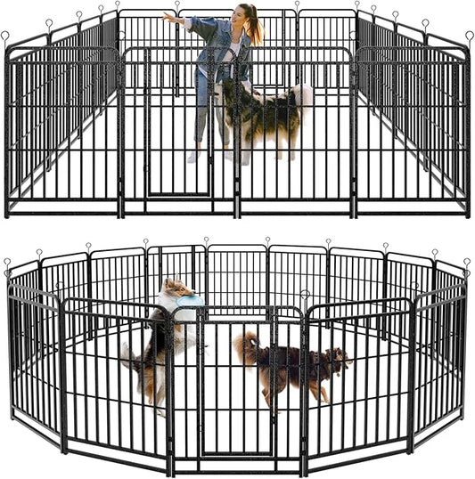 Square Steel Pipe Dog Fence Outdoor 16 Piece Panels 40" Height Anti-Rust Heavy Duty Dog Playpen with Doors Portable for Yard RV Camping, Total 36FT, 103 Sq.ft, Snowy Black
