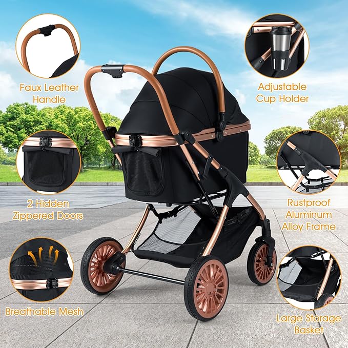 PETSITE 3-in-1 Pet Stroller for Small & Medium Sized Dogs, Foldable 4 Wheels Dog Stroller with Removable Carrier, Sun Shade, Removable Pad, Safety Belt, Storage Basket & Cup Holder