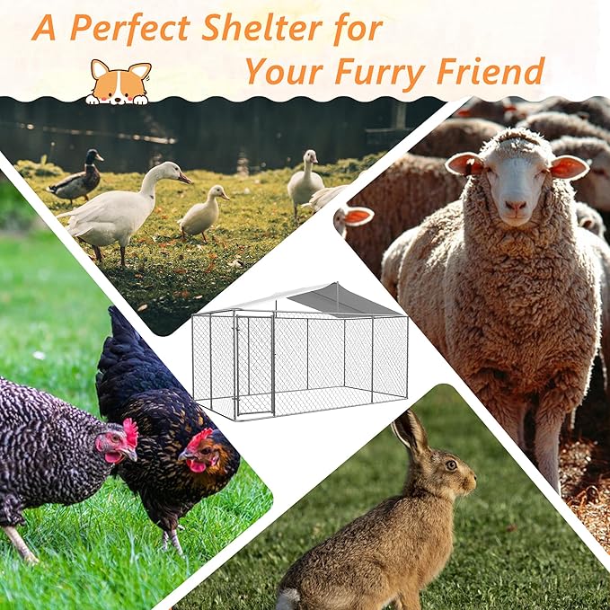 Outdoor Dog Enclosure,Heavy Duty Dog Kennel House Mesh Outside,Galvanized Chain Link Dog Run with Roof,Dog Cage Large Dogs,Dog Pen,Pet Kennel W/Waterproof Anti-UV Cover&Secure Lock for Large Dog