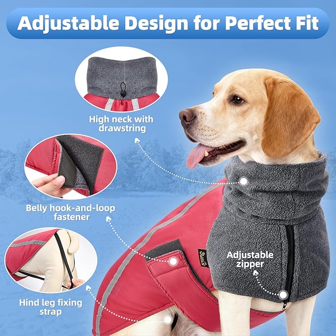 SlowTon Winter Dog Coat, Warm Polar Fleece Lining Doggie Outdoor Jacket with Turtleneck Scarf Reflective Stripe Adjustable Waterproof Windproof Puppy Vest Soft Pet Outfits (M+,Red)