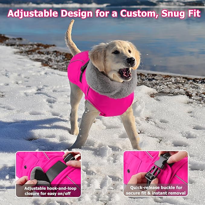 Dogcheer Dog Coat with Pocket, Waterproof Dog Jacket with Adjustable Buckle, Reflective Puppy Winter Coat Warm Turtleneck Fleece SnowJacket for Small Medium Large Dogs - Pink XL