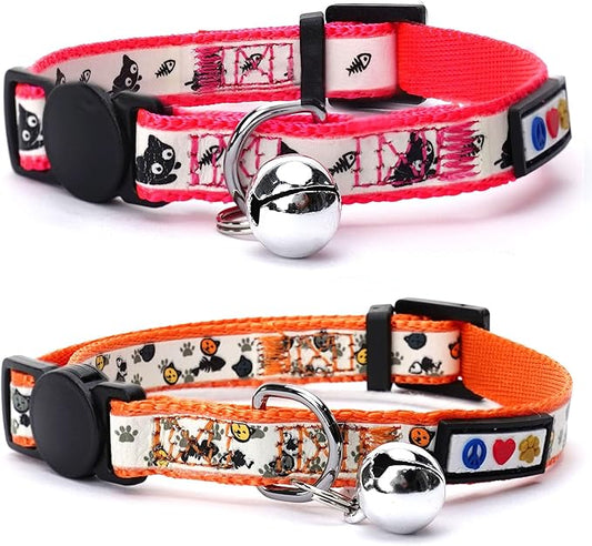Pawtitas Glow in The Dark Cat Collar Set of 2 with Safety Buckle and Removable Bell Cat Collar Kitten Collar Pink Cat Collar + Orange Cat Collar