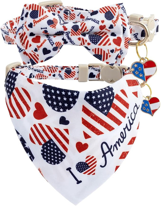 Faygarsle 2 Pack Patriotic Pet Collar Set with Bandana and Bow Tie, American Flag Pattern, White and Navy