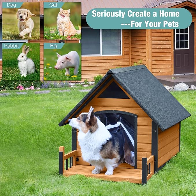 Dog House with Heating Pad, Weatherproof Outdoor Kennel for Large Dogs, Chew-Resistant Iron Frame & Asphalt Roof (Wood, L)