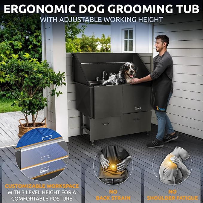 KANIS Black Line Professional Dog Washing Station - 304 Stainless Steel Pet Wash Sink & Grooming Bathtub w/Shower, Floor Grates and Storage for Large, Medium & Small Pets (50", 2 Drawers - Left Ramp)