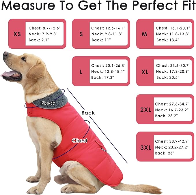 Dog Coat, Waterproof Dog Winter Jacket with Pocket, Reflective Adjustable Pet Snow Vest, Warm Cozy Fleece Sweater for Small Medium Extra Large Dogs - Red, 2XL