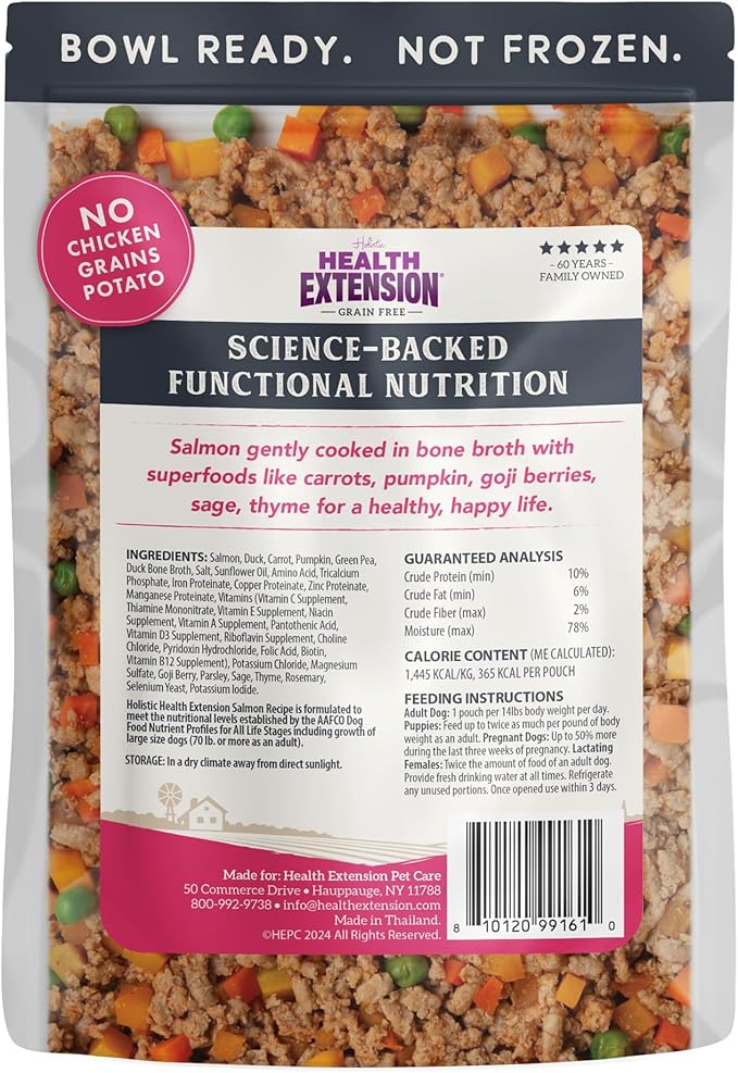 Health Extension Gently Cooked Grain-Free Salmon Dog Food, Human-Grade & Shelf-Stable with Superfoods, Supports Digestion, Immunity, Skin & Coat, 9 oz Pouch (Pack of 1)