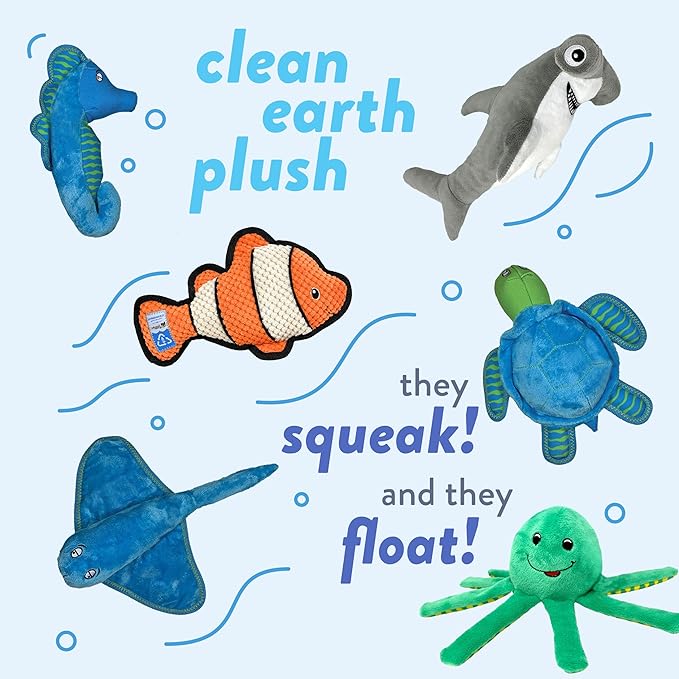 Spunky pup Clean Earth Plush Dog Toy with Squeaker - Recycled, Eco-Friendly, Floats for Beach, Lake, Pool - Hammerhead Shark, Large
