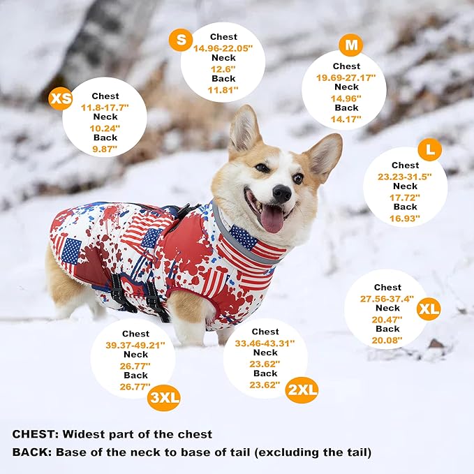 Large Dog Coat with Harness Built-in, Waterproof Reflective Fleece Lined - Warm Windproof Winter Jacket with Back Zipper, Cold Weather Snow Dog Coats - Flag - 3XL