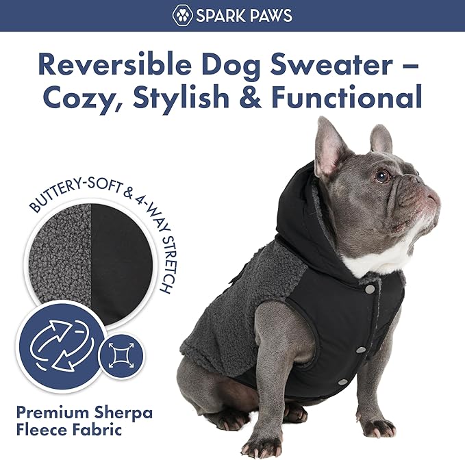 Spark Paws Reversible Dog Sweater, Sherpa Vest with Warm Fleece Lining, Warm Coat for Winter, Suitable for Small Medium, Large, XL XXL Dogs - Black and Grey - XL