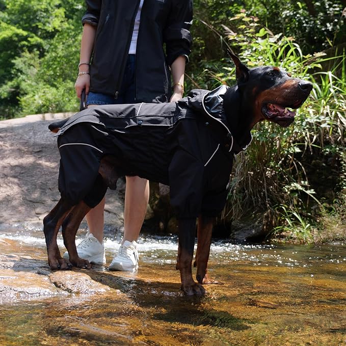 LOVELONGLONG Waterproof Dog Raincoat with Removable Hood – Outdoor Full Body Dog Jacket, Windproof Snowproof Shell Suit – All Season Pet Rain Gear Black L