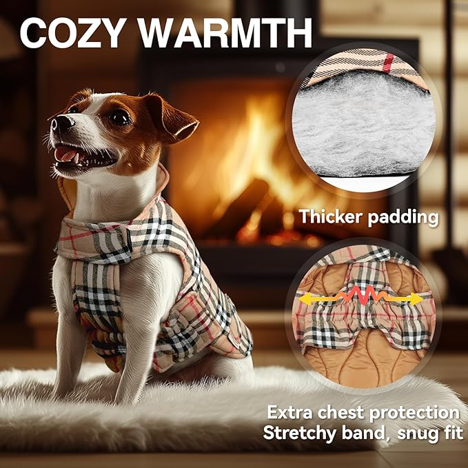 VIVAGLORY Softjoy Dog Coat, Dog Jacket for Winter & Christmas, Coat with Harness Hole & Velcro Closure, Reversible Plaid Checkered Warm Fluffy Heavy Duty for Puppy, XS, Khaki