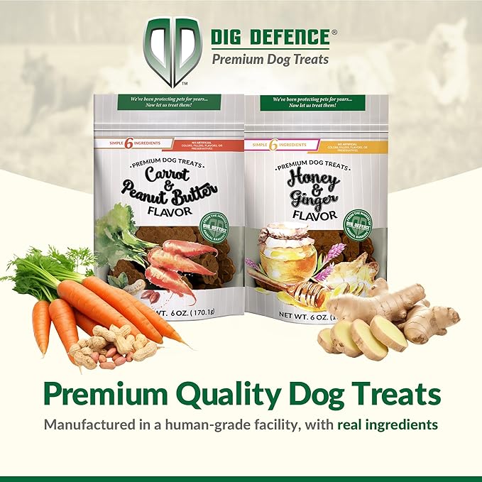 Dig Defence Premium Dog Treats - Honey/Ginger and Carrot/Peanut Butter, Natural Ingredients, Baked Gourmet Snacks for Small & Big Dogs, Healthy Training Treat, 2 Pack