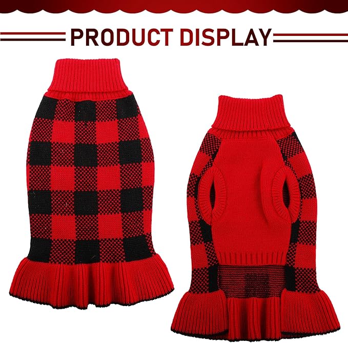 Dog Sweater Dress Plaid Knitwear for Small Medium Dogs Warm Puppy Pet Turtleneck Stretch Pullover Cute Fall Winter Vest Clothes with Leash Hole for Christmas (Red, 2XS)