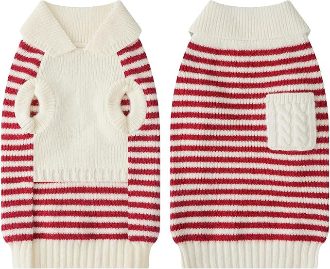 Small Dog Sweater, Knitted Striped Pullover Dog Clothes for Cold Weather, Thick Warm Cozy Stretchy Sweater for Chihuahua, Bulldog, Dachshund, Pug(Red & White Strip, M)