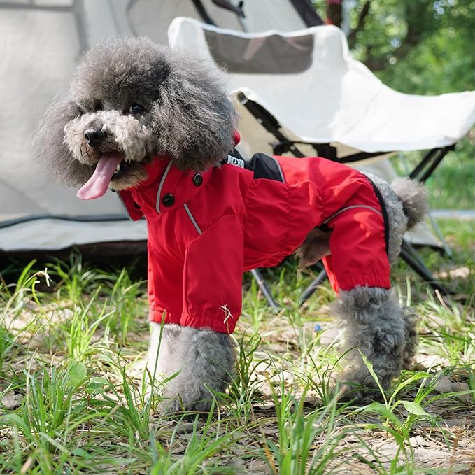 LOVELONGLONG Fleece-Lined Dog Raincoat with Removable Hood – Waterproof Winter Full Body Dog Jacket – Windproof Snowproof Cold-Weather Suit – Red-F M