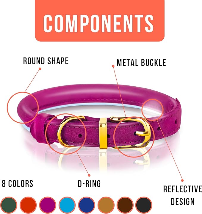 OOPSDOGGY Reflective Rolled Leather Dog Collar Adjustable Soft Padded Pet Collar for Small Medium Large Breed Dogs (Pink, L, 14"-18")