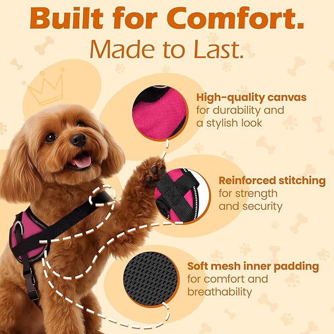 Bark Appeal Pink No-Pull Dog Harness for Extra Small Sized Pets – Adjustable, Reflective Vest with 3 Leash Clips for Added Control, Easy Walks & Training – XS