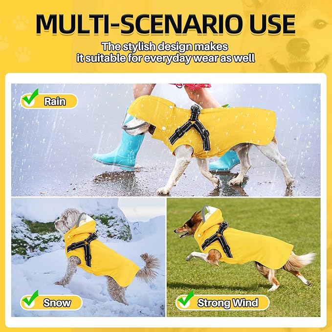 Lukovee Dog Raincoat - Waterproof Rain Jacket with Harness & Removable Hood, Reflective Double Layer Dog Rain Coat Poncho for Small Medium Large Dogs Puppy (XL, Yellow)