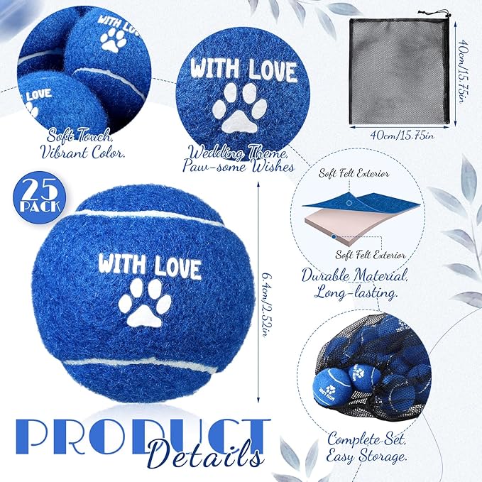 Soulchen 25 Pcs Wedding Favor Tennis Balls for Dogs 2.5 Inch with Love Paw Print Design Navy Blue Dog Toys Balls with Black Mesh Bag for Pet Training Exercise Fetch