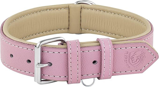 Riparo Genuine Leather Pink Dog Collar Heavy Duty K-9 Adjustable Dog Collar (M: 1” Wide for 13.5”-17.5” Neck, Pink)