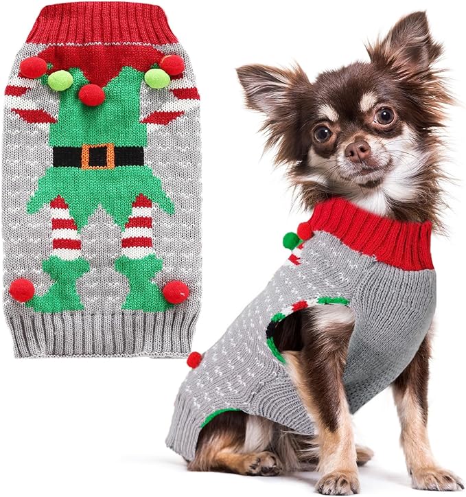 PETCARE Dog Christmas Sweater Ugly Elf Clown Cat Sweater Vest Pet Jumper Grey Green Holiday Dog Clothes Puppy Sweaters for Small Medium Large Dogs Cats Fall Winter Outfits Xmas Dogs Costume,XX-Small
